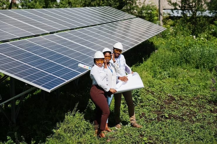 african-american-technician-checks-maintenance-solar-panels-group-three-black-engineers-meeting-sola